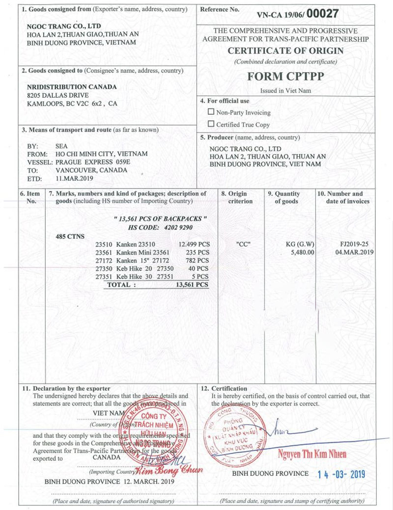 Mẫu C/O có bố cục và các trường thông tin được quy định thống nhất